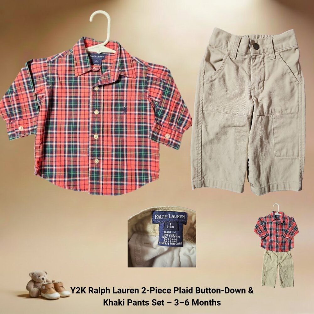 Y2K Ralph Lauren 2-Piece Plaid Button-Down & Khaki Pants Set – 3–6 Months